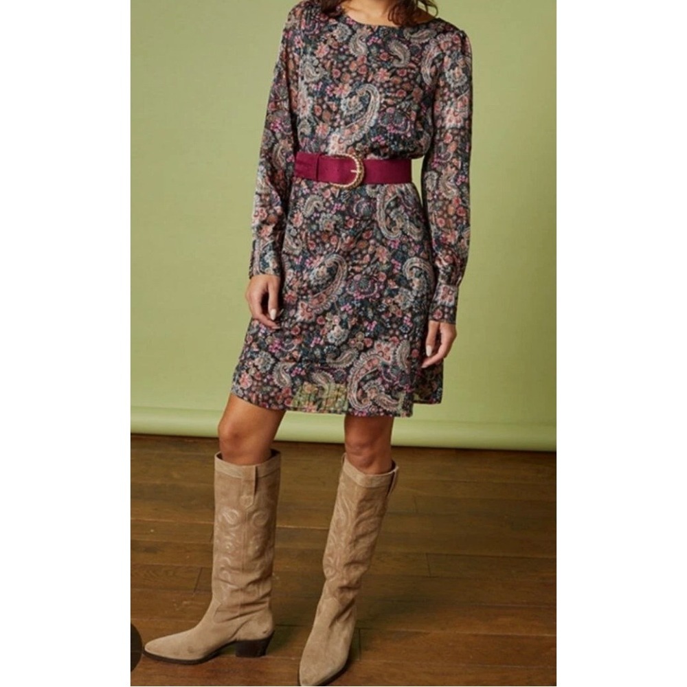 Grace & Mila Dress Sz Large Floral Long Puff Sleeve Tie Feminine Career Casual